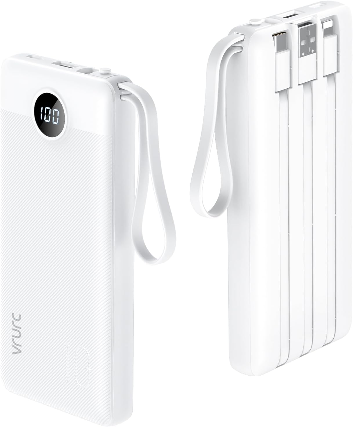 VRURC Portable Charger Power Bank, 10000mAh Travel Essentials Battery Pack, 5 Outputs 2 Inputs Slim Charing Bank Built-in Cables Cords Wires Compatible with iPhone,Samsung,Android-White(1 Pack)