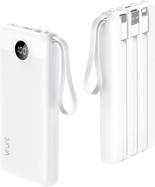 VRURC Portable Charger Power Bank, 10000mAh Travel Essentials Battery Pack, 5 Outputs 2 Inputs Slim Charing Bank Built-in Cables Cords Wires Compatible with iPhone,Samsung,Android-White(1 Pack)