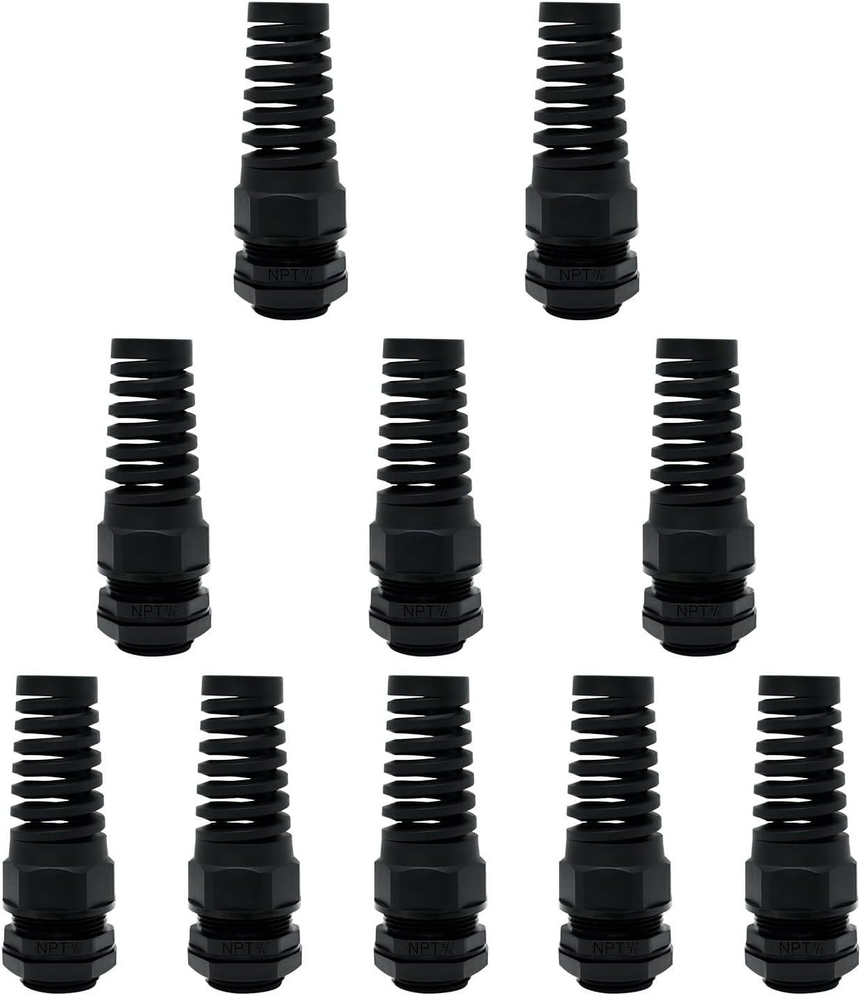 LeMotech 10Pcs NPT 3/8" IP68 Waterproof Cable Gland Flex Spiral Strain Relief Black Nylon Joint with Gaskets for 5-10mm Wire Thread
