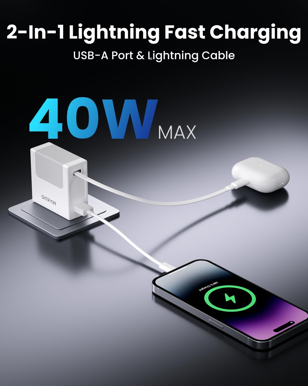 Portable Charger Block, Retractable Wall Charger, 40W PD Fast Charging Block with 31.5in Lightning Cable, Power Adapter with Foldable Plug for iPhone14/13/12, White