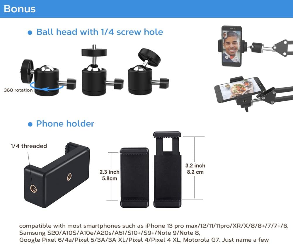 Overhead Tripod Mount for Camera Webcam Ring Light, Flexible Over Head Arm for iPhone with Phone Holder and Ball Head, Table Stand Accessory for Phone Video Recording Live Stream