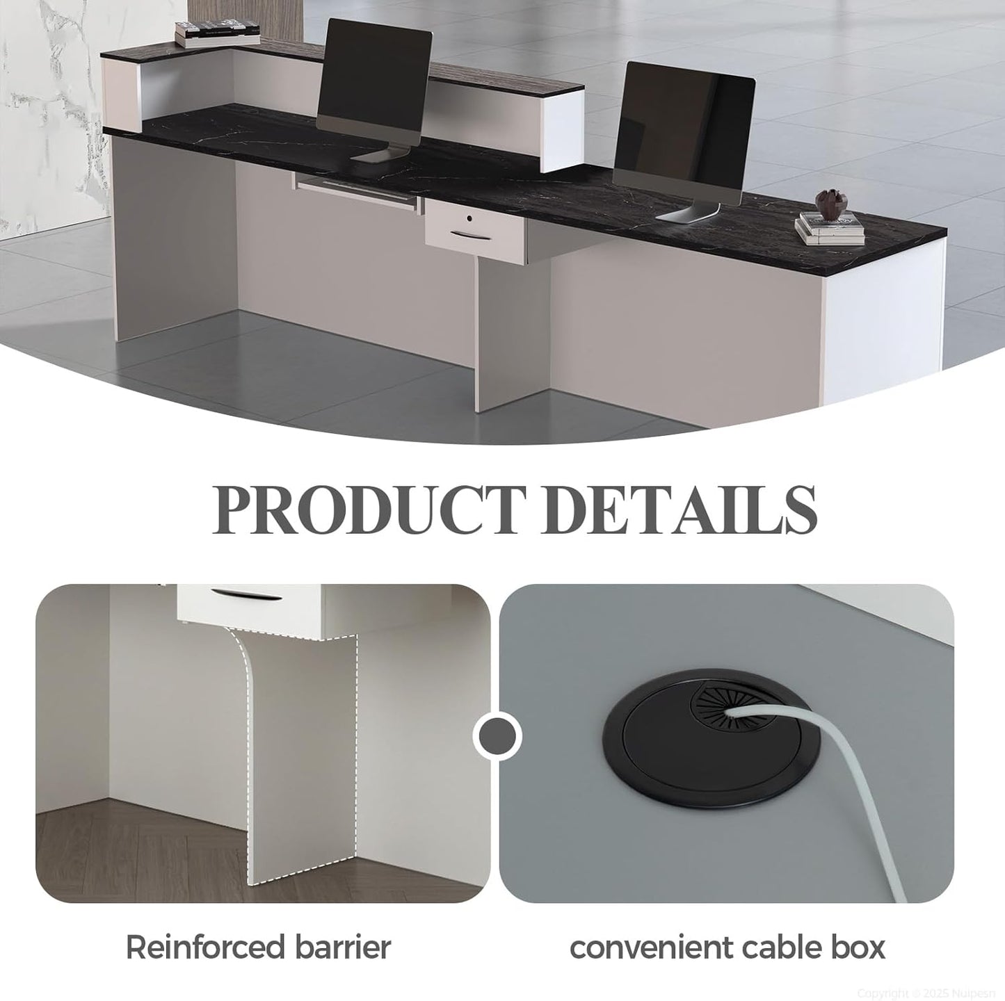 Reception Desk with Counter, Modern Front Desk Reception Counter with Keyboard Tray, Lockable Drawer and Storage Shelves for Office, Retail, Salon (White+Black/Left, 71" L*24" W*39" H)