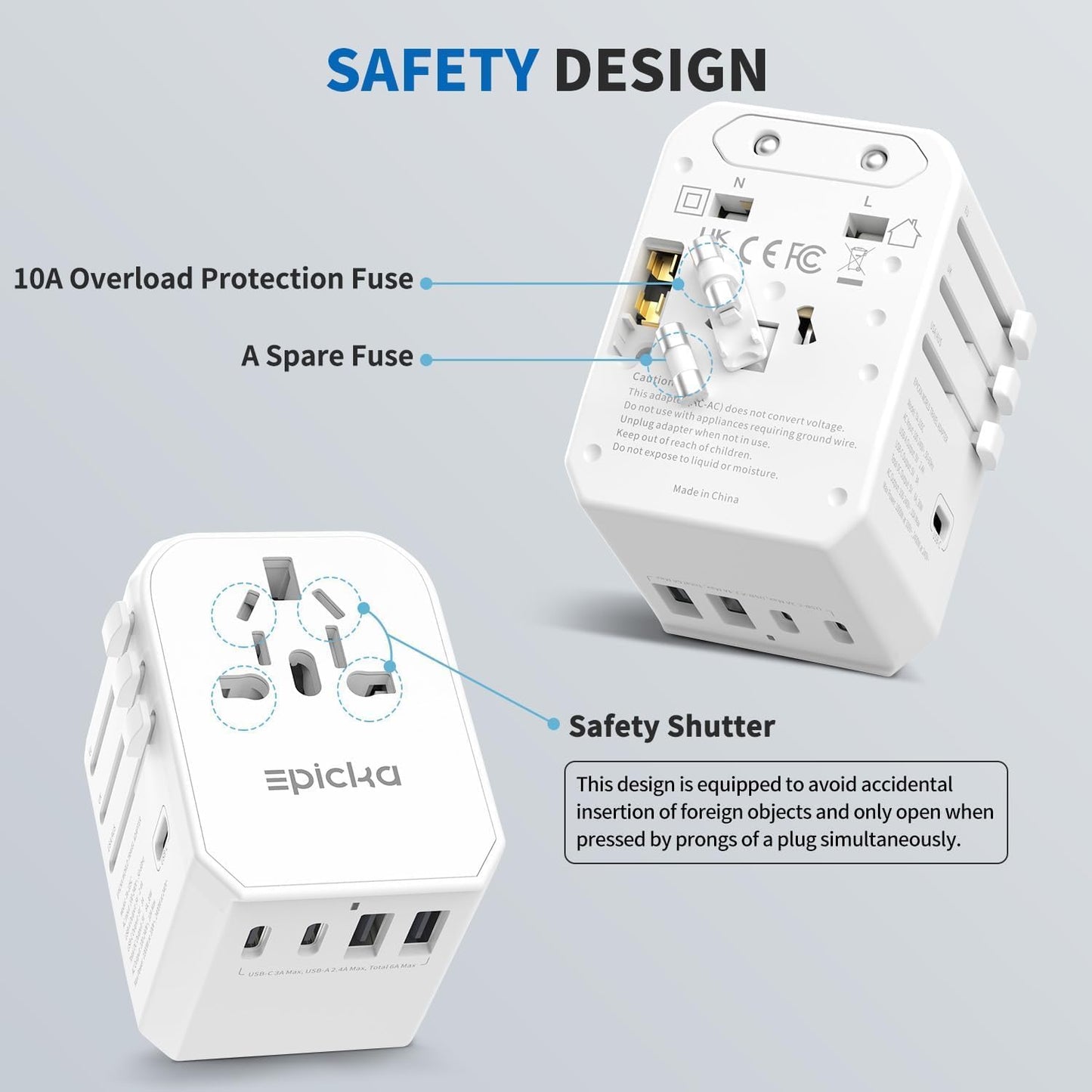 EPICKA Universal Travel Adapter, International Power Adapter with 2 USB-A & 3 USB-C Ports Wall Charger - Worldwide Travel Essentials, European Travel Plug Adapter for UK/US/AU (TA-105C, White)