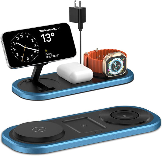 3 in 1 Wireless Charger for iPhone, Foldable Charging Station for Magsafe for iPhone 16/15/14/13/12/Pro Max/Pro/Mini/Plus, Apple Watch 10/9/8/7/SE/6/5/4/3/2/1/Ultra2/Ultra, AirPods pro/2/3/4 (Blue)