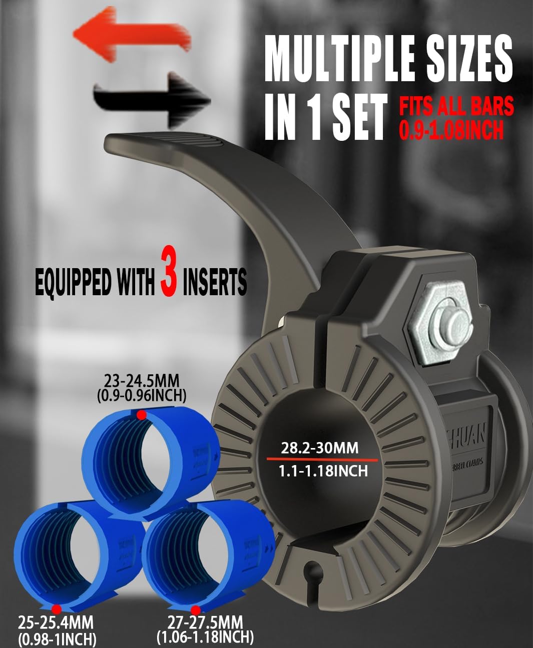 Barbell Clips 1 Inch Quick Release Weight Clamps 0.9-1.18inch Multi-Size Adjustable Olympic Clamps for Bars