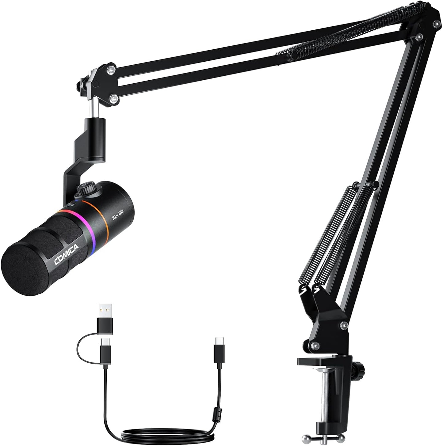 COMICA EJoy D10(A) USB Gaming Microphone – Boom Arm Mic with Noise Cancellation, XLR/USB-C, Real-Time Monitoring, Muting, RGB Professional Studio Mic for Gaming, Streaming, Podcast, Recording (Black)