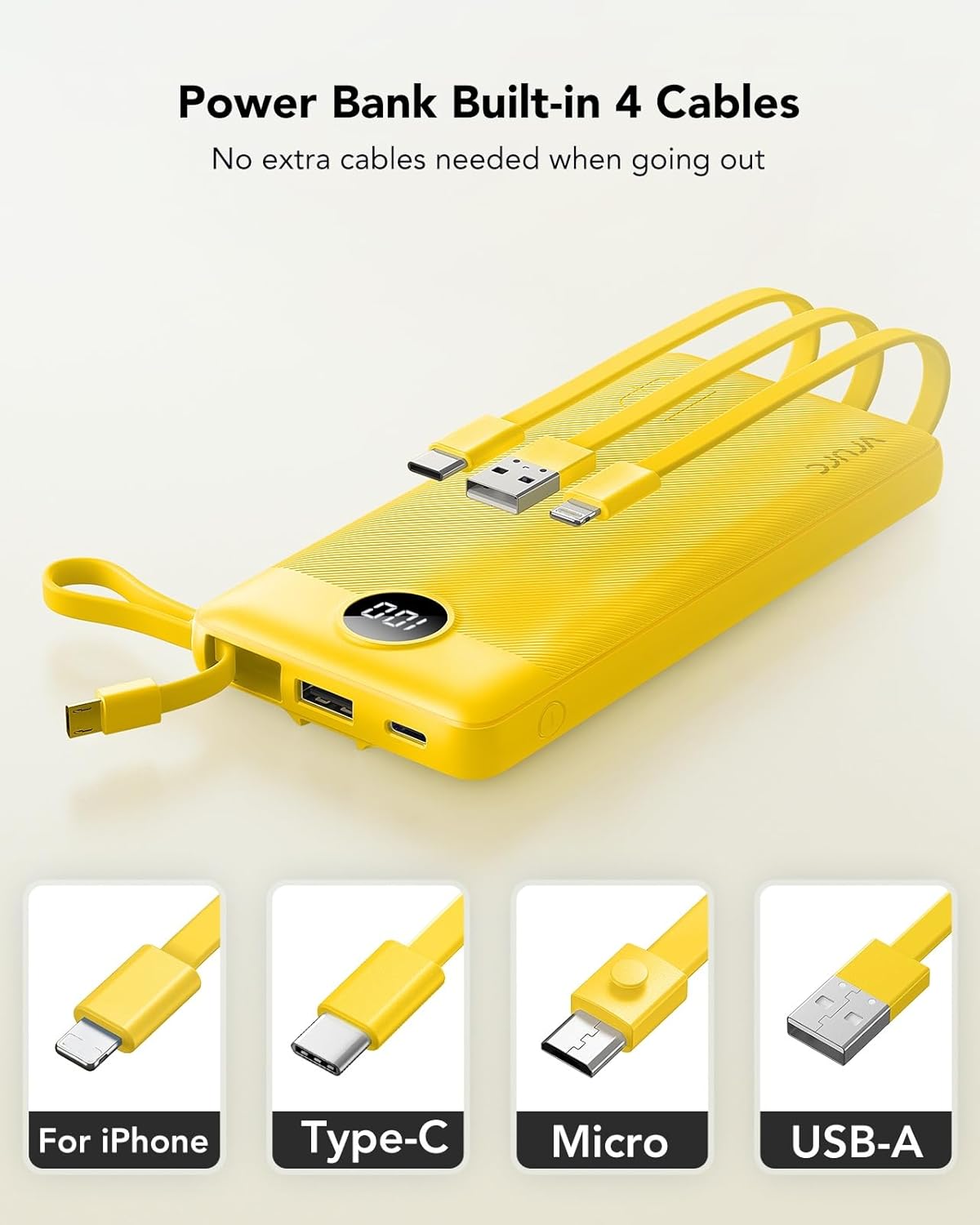 VRURC Portable Charger with Built-in Cables, 10000mAh LED Display USB C Power Bank, Slim Travel Battery Pack with 5 Output 2 Input Compatible with iPhone,Samsung,Android etc-Yellow(1 Pack)