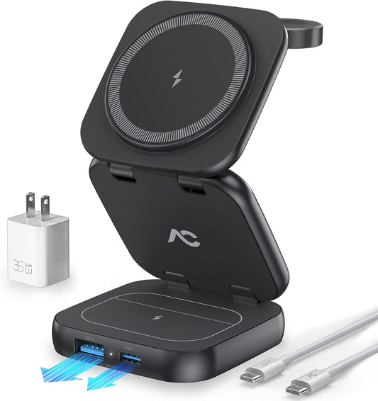 5-in-1 Wireless Charger for MagSafe, AC ISLAND Portable Travel Charging Station, 15W Max Fast Foldable Magnetic Stand, Evolved for iPhone 16/15/14/13 Series, Apple Watch, AirPods (with 35W Adapter)