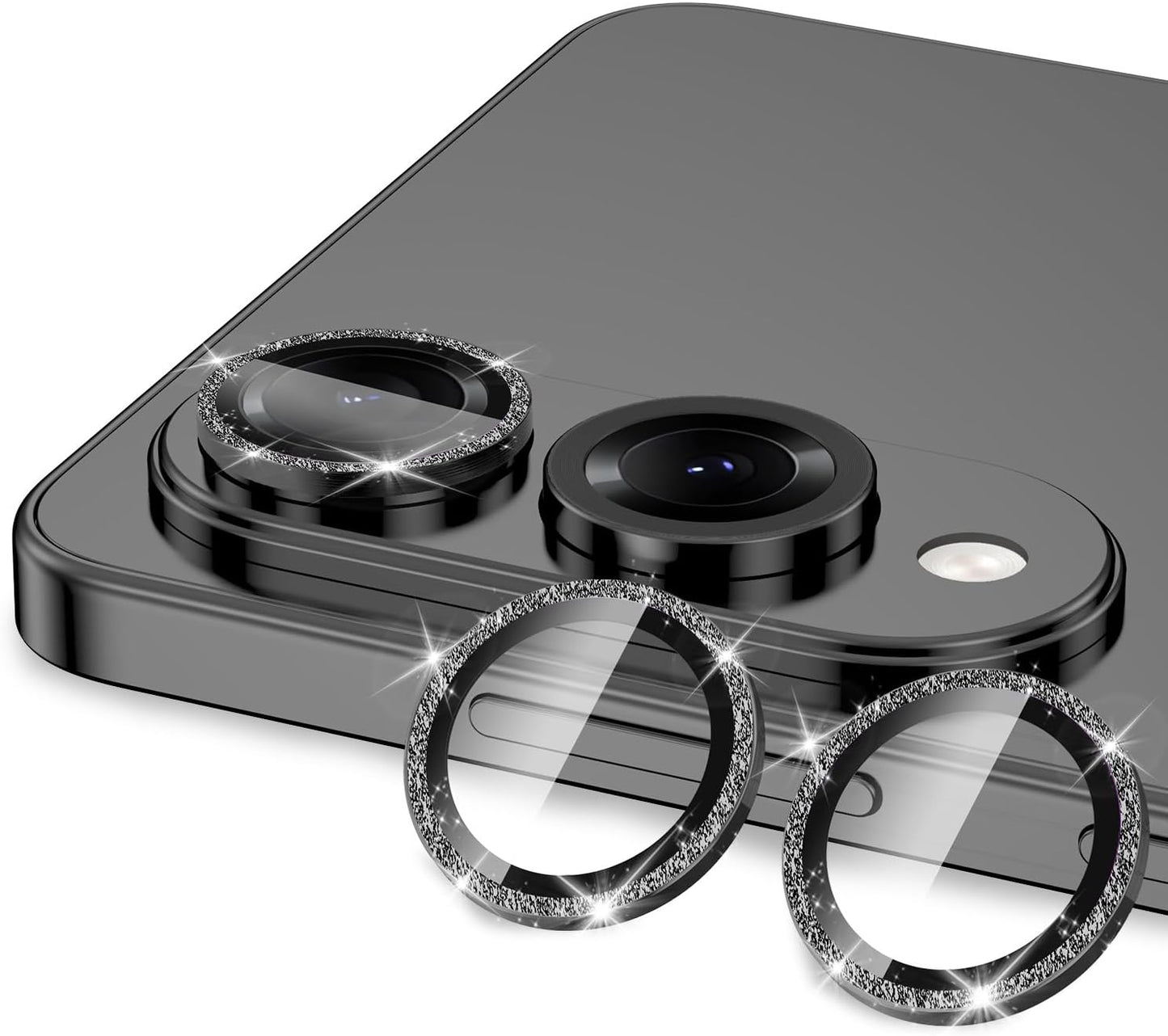 for Samsung Galaxy S25 Edge Camera Lens Protector, Individual Metal Ring Tempered Glass Lens Cover, [Strong Adsorption] Scratch Resistant Ultra-Thin HD Clear Lens Cover, 1 Set-Black Sparkly