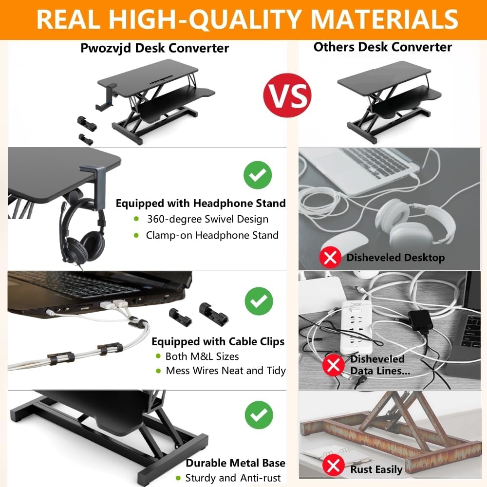 Standing Desk Converter - 32 Inch Wide Adjustable Sit to Stand Up Workstation, Dual Monitor and Laptop Riser with Wide Keyboard Tray, Headphone Stand,Cable Clips,for Home Office, Black