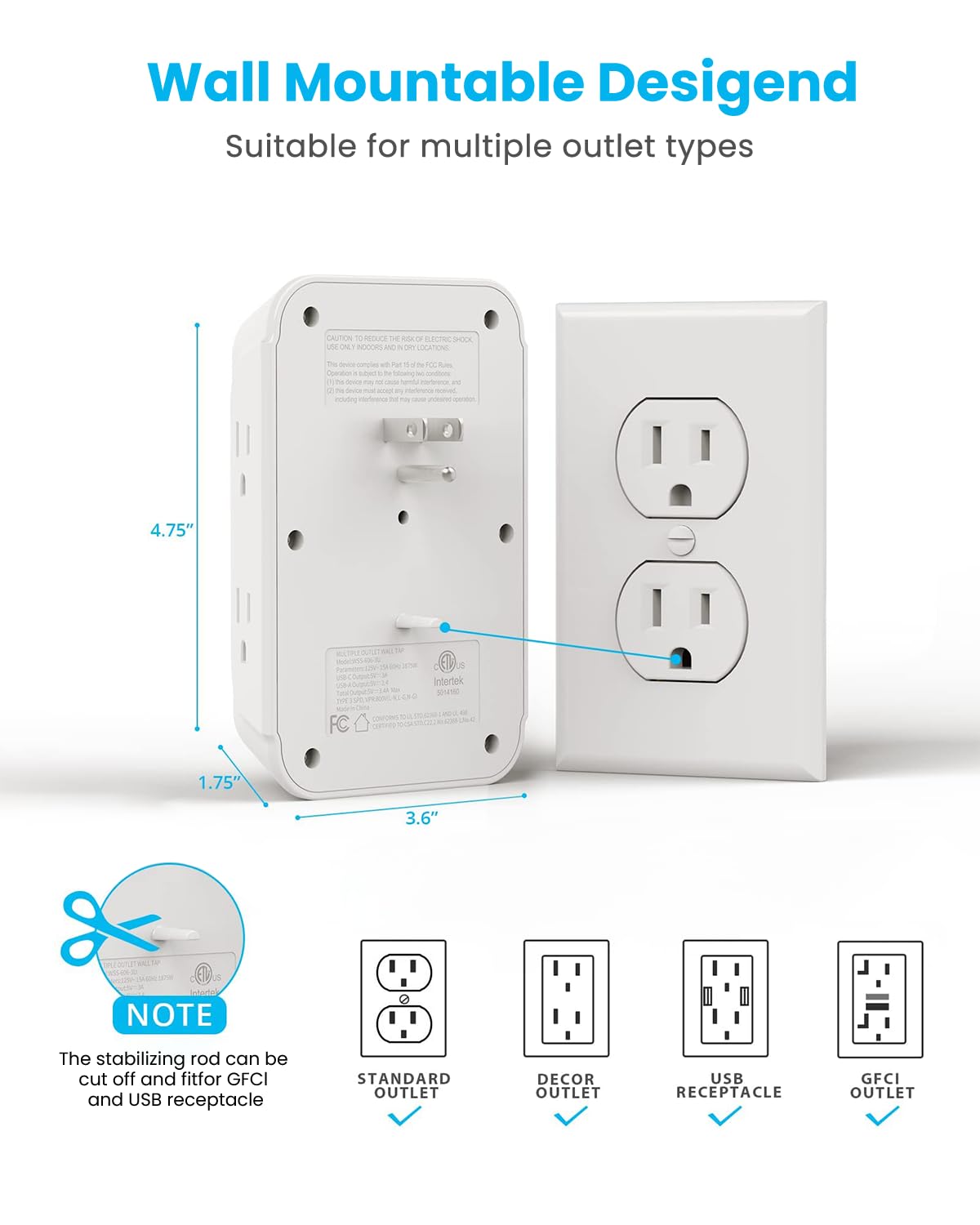 Surge Protector Outlet Extender, VINTAR 6 Outlet Splitter with 3 USB Charging Ports (2 USB C Ports), 900J Multi Plug Outlet Power Strip, 3-Sided USB Wall Charger for Home Office Dorm Room Essentials