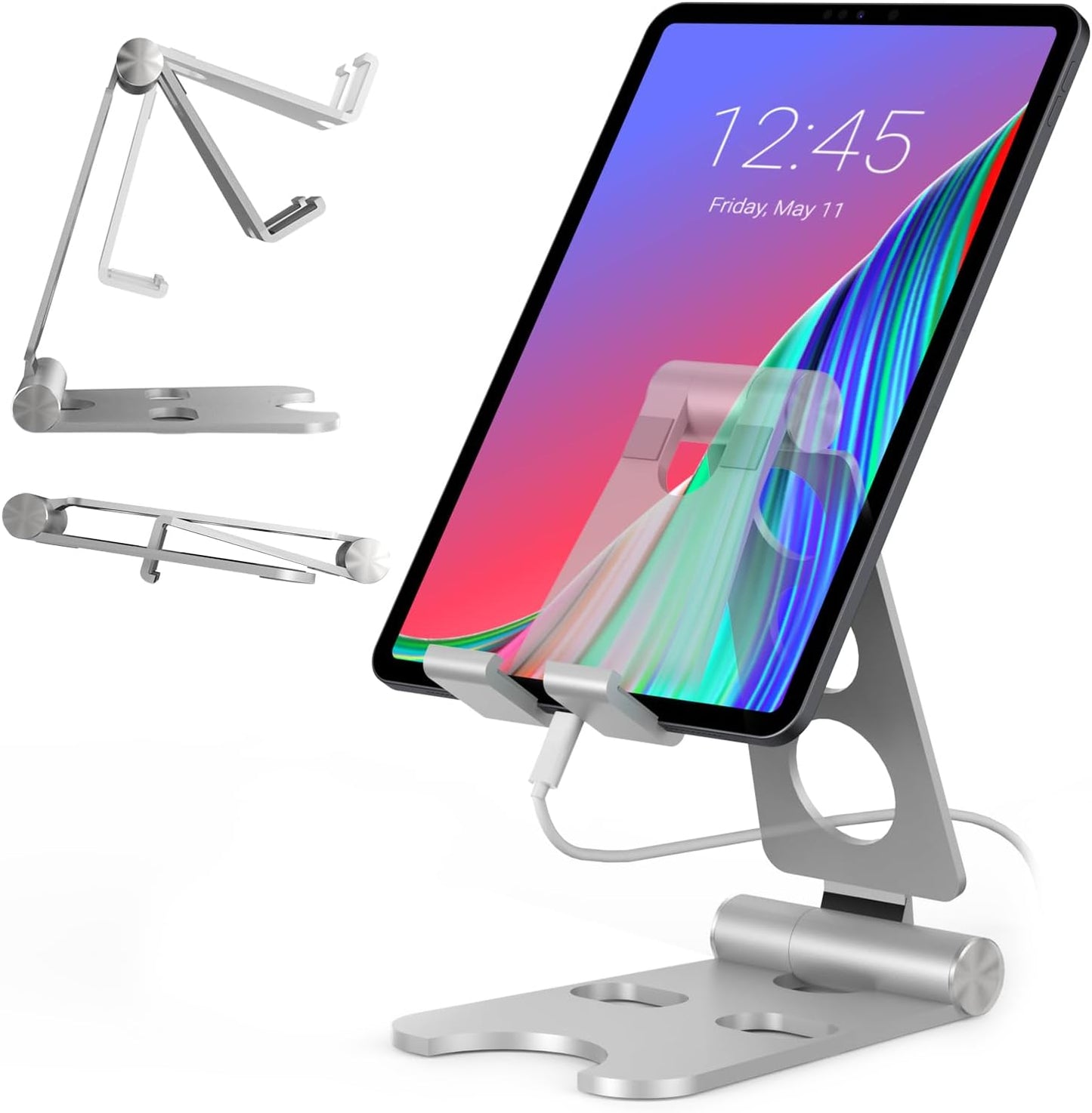 Kado Tablet Stand with Cord Holder Aluminum Alloy, Fully Adjustable Foldable Desktop Phone Stand Holder Compatible with iPad mini/Air/Pro 11/12.9, Galaxy Tablet, Kindle and Display Devices 4"-16''
