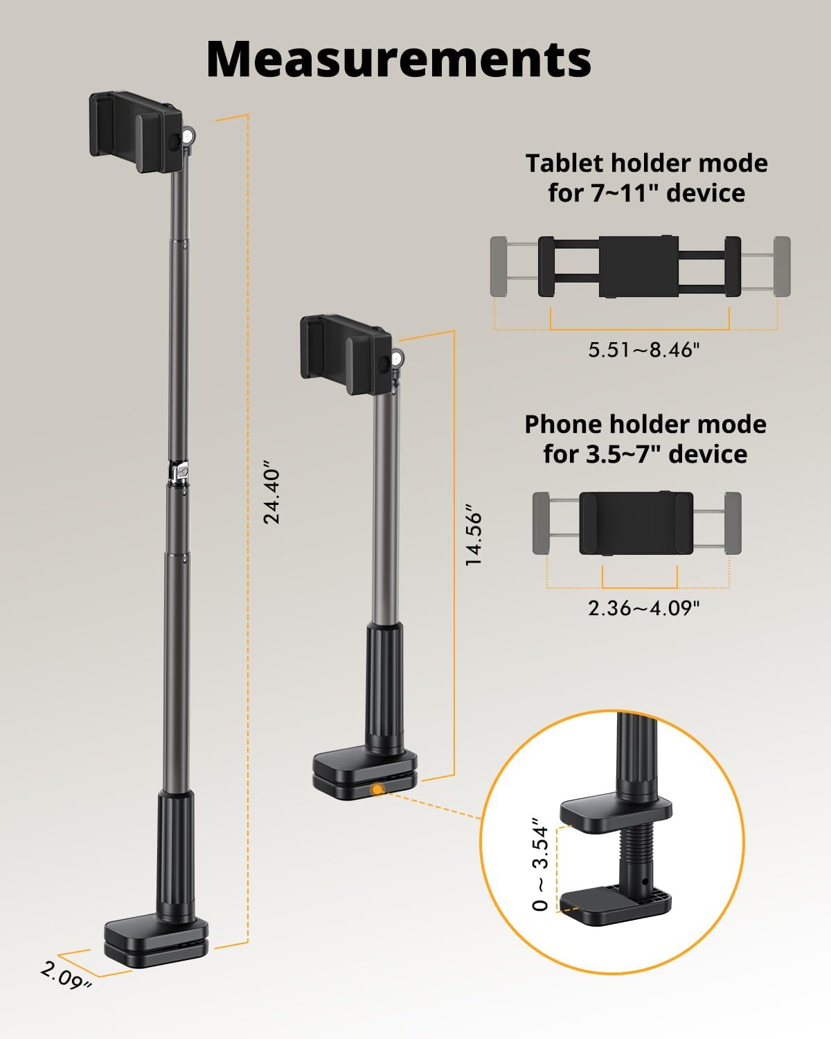 Phone Holder for Bed, 360° Rotation Cell Phone Stand, Flexible Long Arm Headboard Bedside Clip, Multi-Functional Overhead Phone Mount for 3.5-11" Phones, Tablets, Kindle, Black