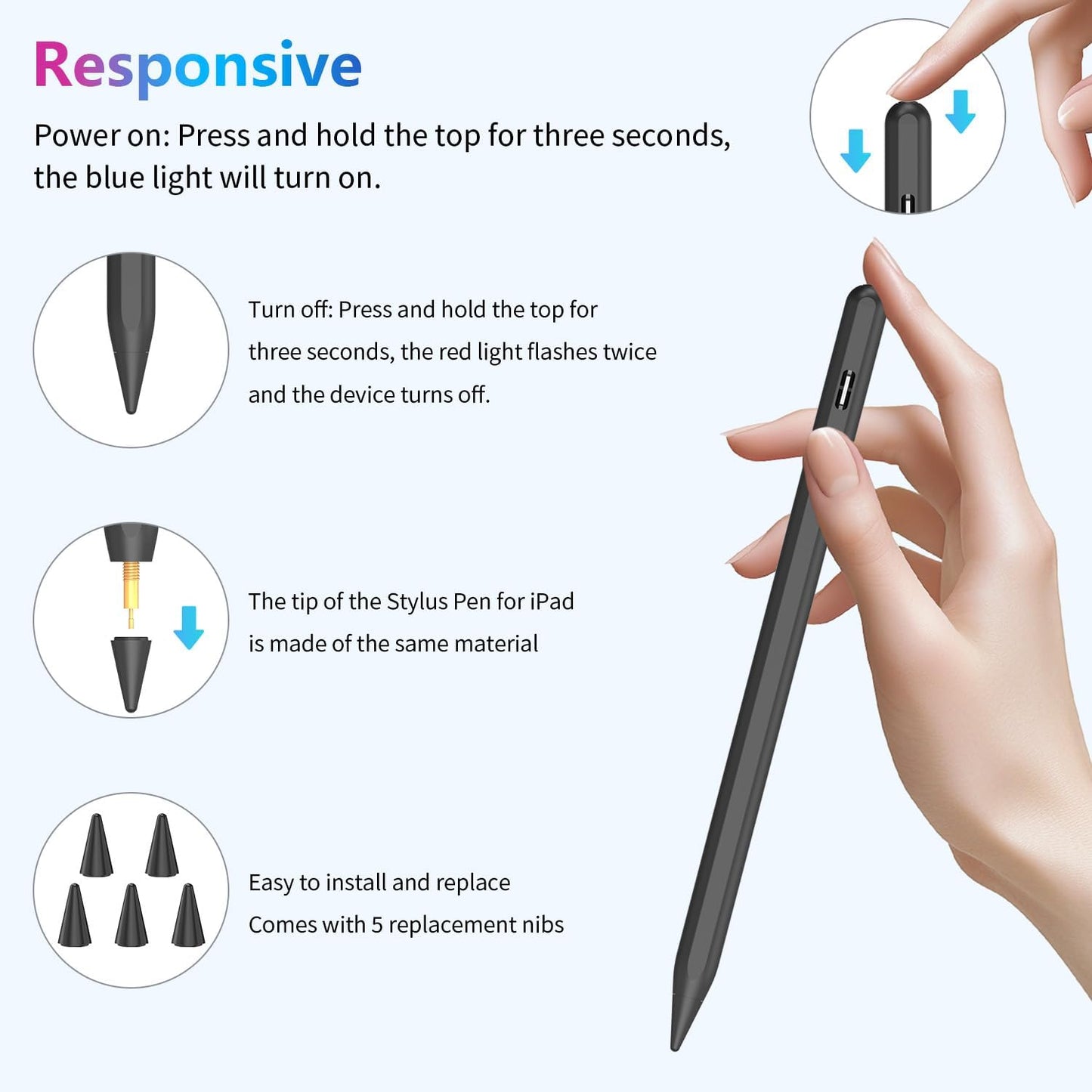 Stylus Pen for iPad 10th 9th 8th 7th 6th Generation, 15Mins Fast Charge for Apple iPad Pencil with Pencil Holder, for iPad Pro 11/12.9 inch, for iPad Air 5th/4th/3th Gen, for iPad mini 6th/5th Gen