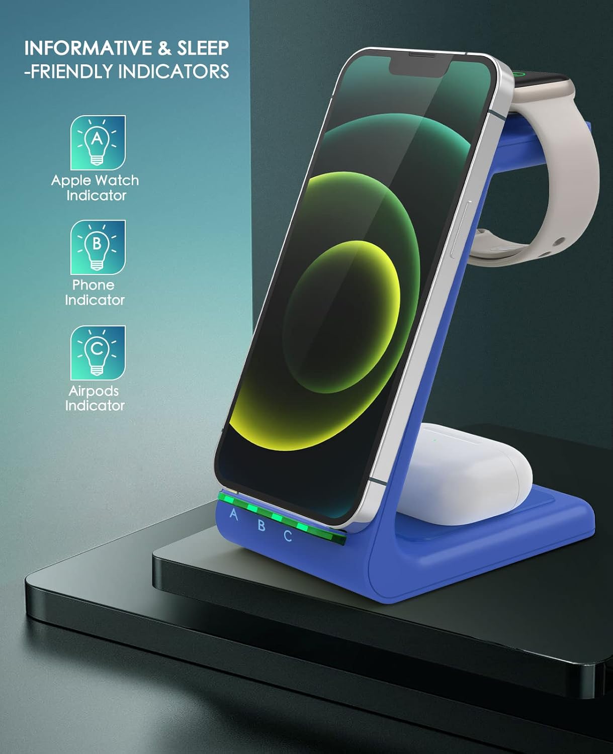 3 in 1 Wireless Charging Station, 2025 Upgraded Fast Desk Charger Station for iPhone 16 15 14 13 12 Pro Max Plus, Charger Stand for Apple Watch 10 9 8 7 6 5 4 3 2 SE, Airpods 4 3 2 Pro(Blue)