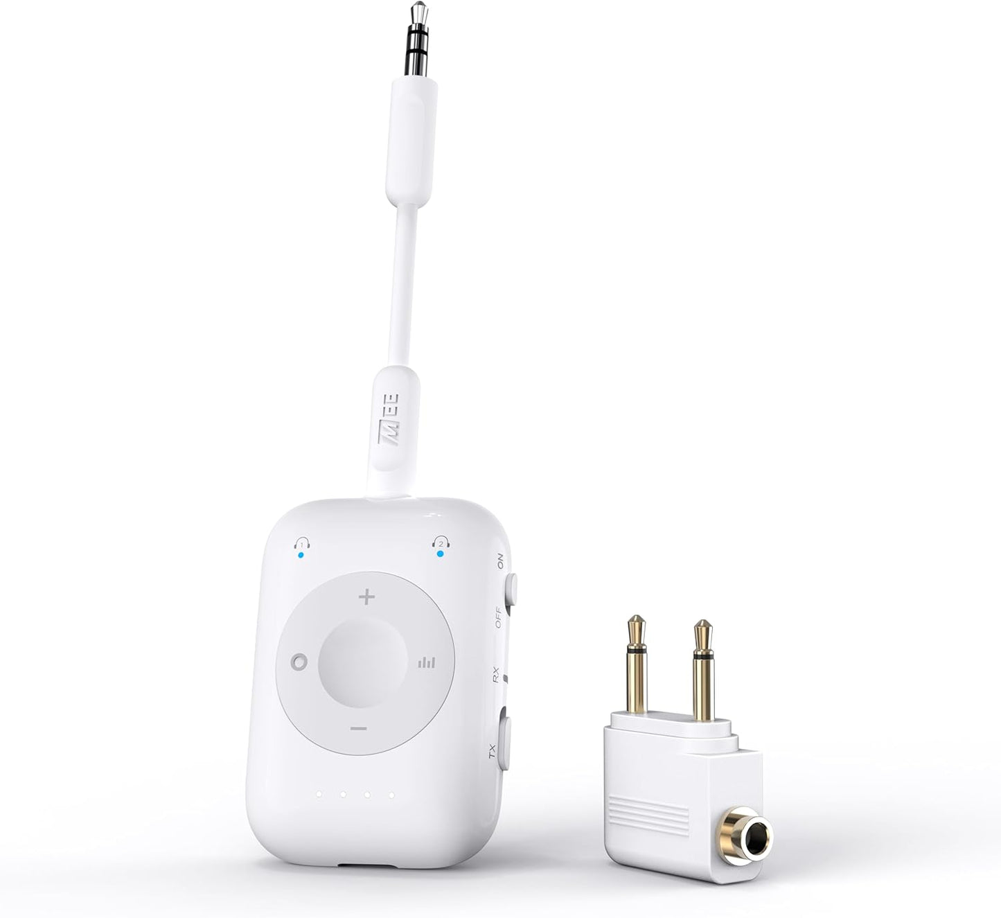 MEE audio Connect Air Pro Bluetooth Wireless Audio Transmitter & Receiver for AirPods or Bluetooth Headphones, 2-in-1 Adapter with Detachable Cable 3.5mm Aux Audio Jack for Airplanes, Auto, Gym, White
