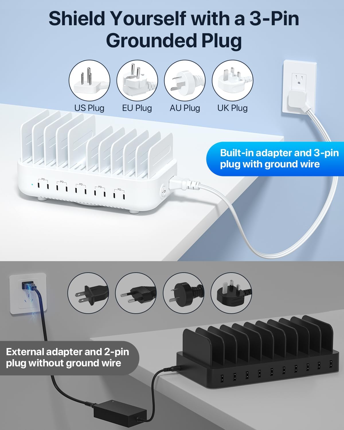 SooPii USB Charging Station,100W Fast Charging Station for Multiple Devices with 10pcs USB C Cables,10-Port Type C Phone Charger Station Organizer Compatible with lPad,Tablet,Kindle and More(White)