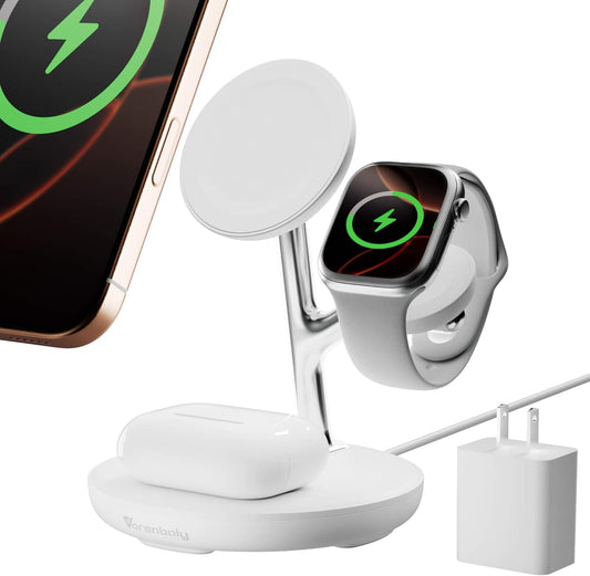 3 in 1 Wireless Charging Station for Multiple Devices Apple Magsafe Charger Stand, Fast Magnetic Mag-Safe Wireless Charger Dock for iPhone 16 15 14 13 12 Series Watch Airpods NigntStand Charging Dock