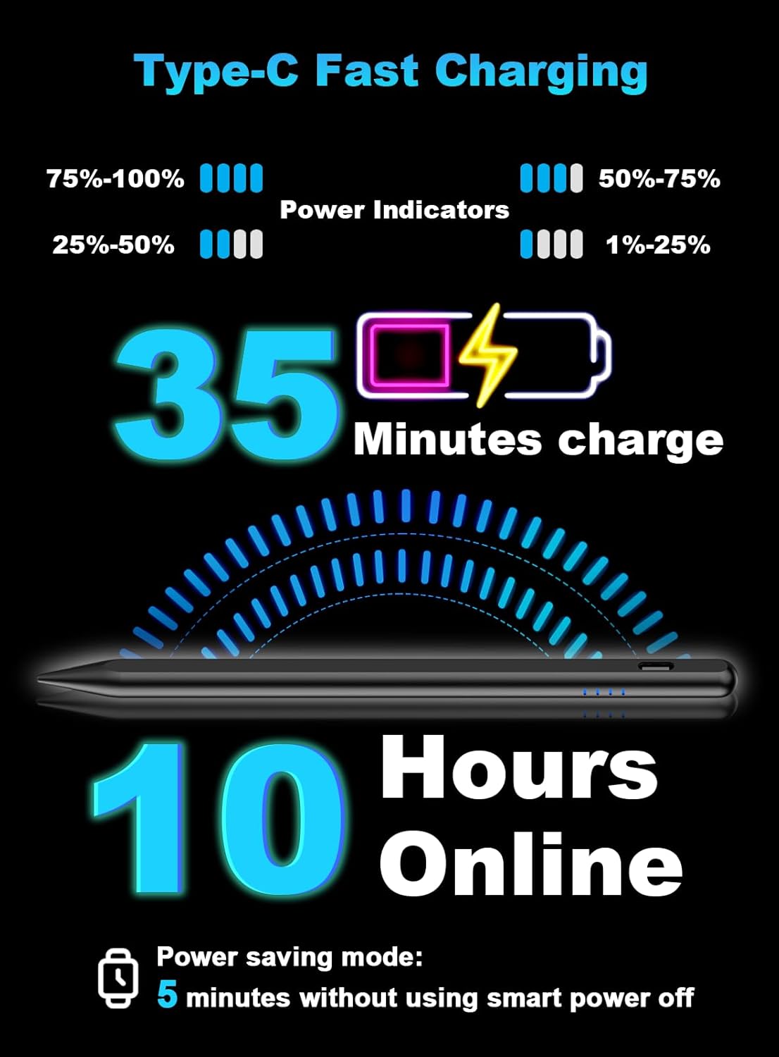 Stylus Pen for Android Tablet/Phone Pom Tips Fast Charge Stylus Pen for iPhone Magnetic Active Pencil Compatible with Samsung A9+, iPhone, Lenovo and Other Android Smartphone and Tablet Devices-Black