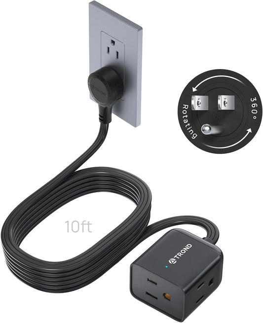 TROND 360° Rotating Flat Plug Extension Cord 10ft, Low Profile Small Power Strip, 3 Side Grounded Outlet, 13A, SPT 16/3 Gauge Cable for Indoor Home Office Kitchen Cruise Travel Essentials, Black