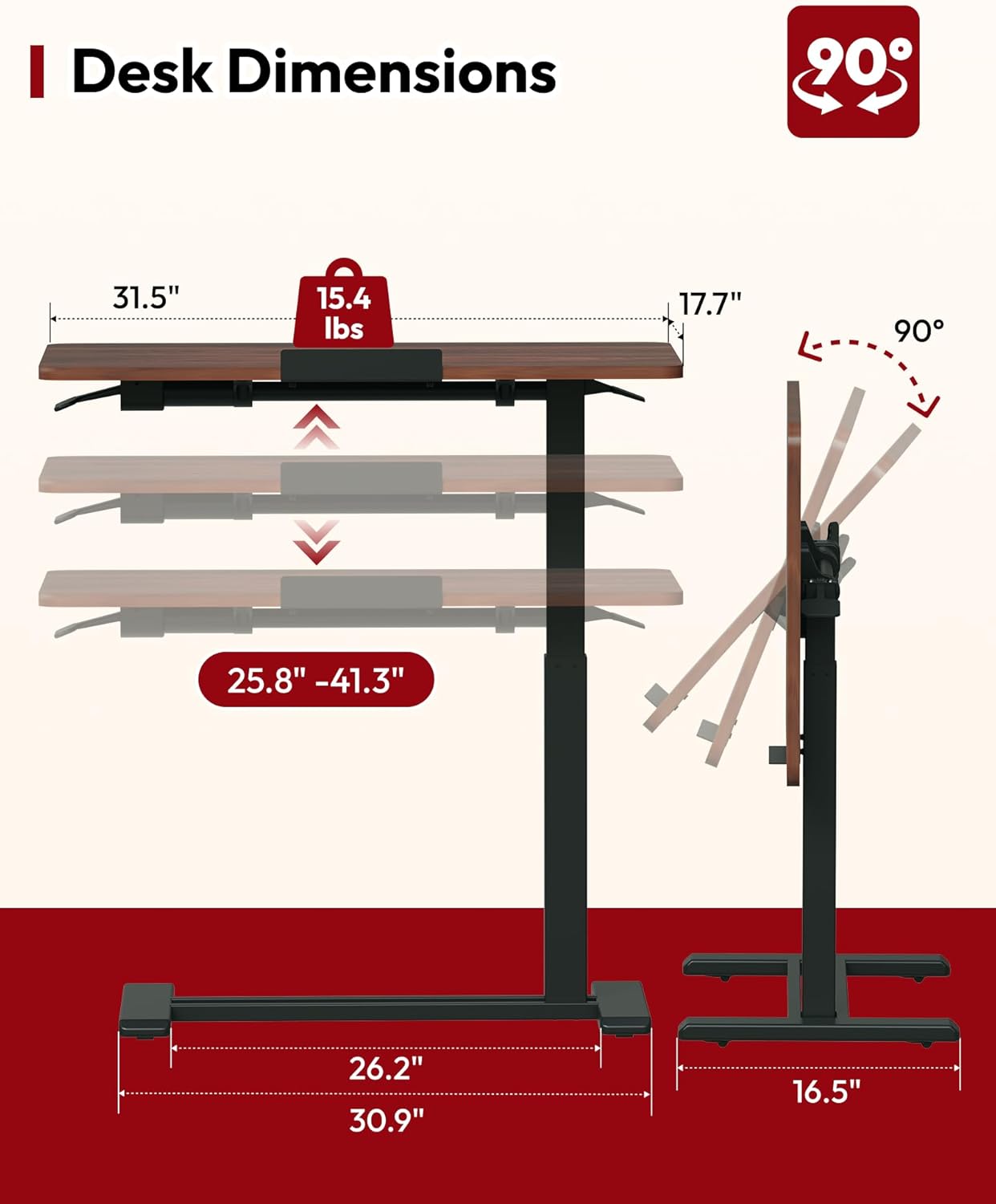 SANODESK Medical Adjustable Overbed Bedside Table with Casters 90° Tilt Top Pneumatic Mobile Rolling Laptop Computer Standing Desk Cart with Tray, Hospital and Home Use(31.5" W x 17.7" D, Walnut)