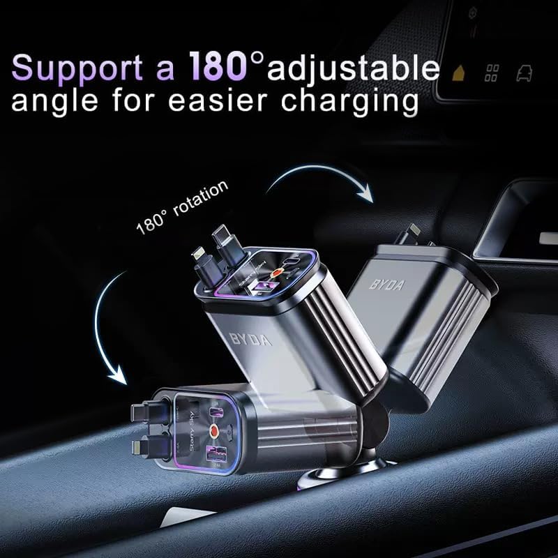 Fast Car Charger 4 in 1 Retractable Car Charger 69W with Starry Light,USB-C Fast Car Accessories,Compatible with All iPhones All Android Phones (Grey, Dual Cord USB-C)