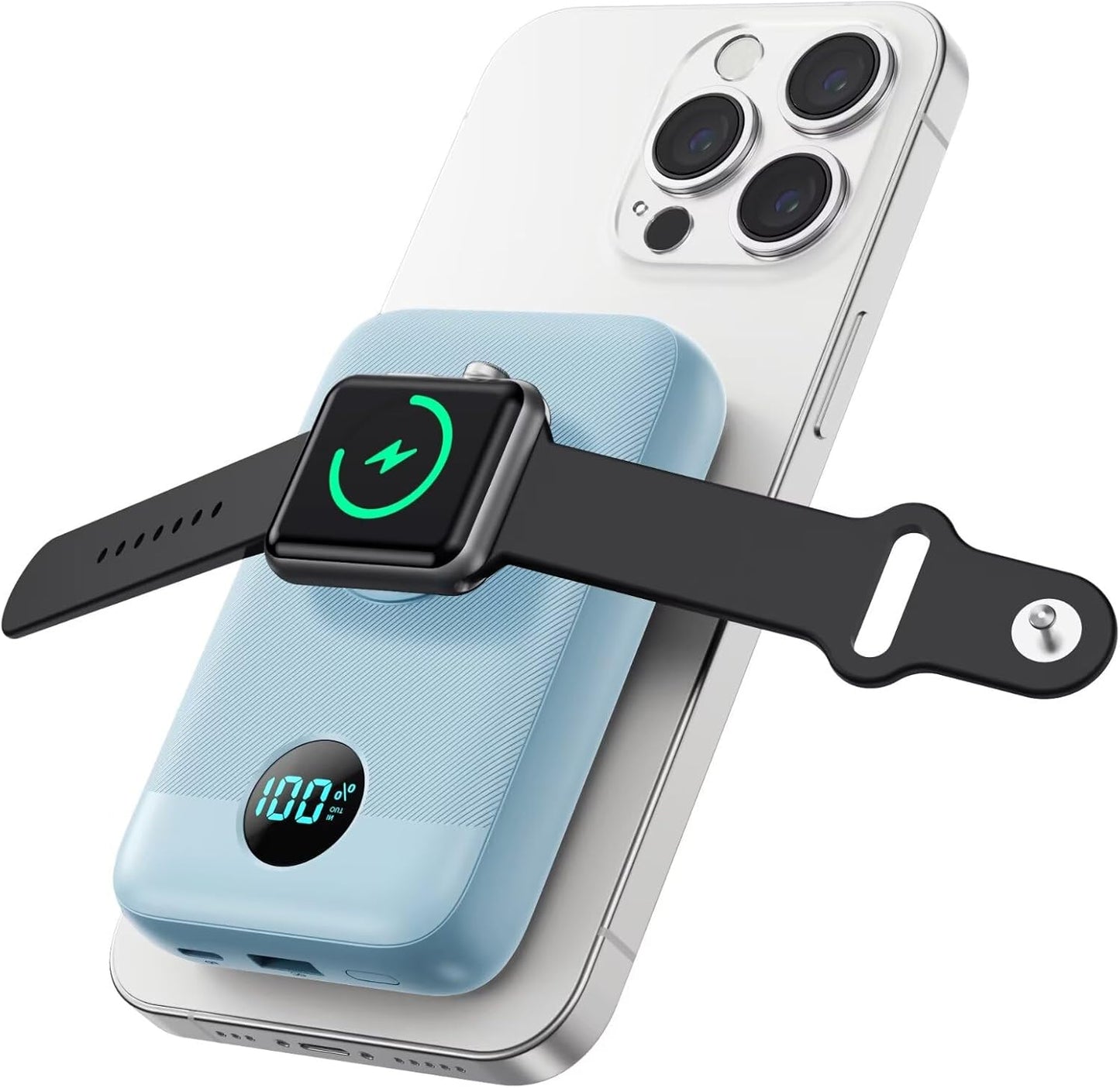 Magnetic Portable Charger for iPhone, 10800mAh 4-in-1 Wireless Power Bank with iWatch Charger, 25W PD Fast Charging Battery Pack for Magsafe, iPhone 16/15/14/13/12 Series, Apple Watch (Sky Blue)