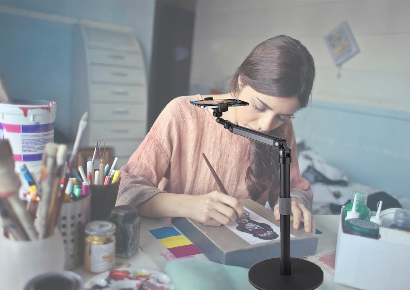 Heavy Duty Overhead Phone Stand for Desk Video Recording for iPhone Holder, with Extension Arm, 360° Swivel, for Filming, Meeting, Cooking, Painting and Crafting