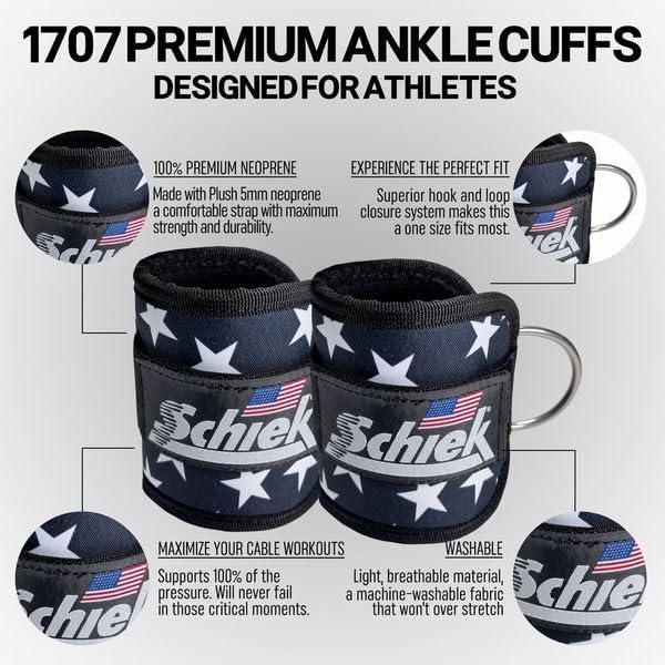 Schiek Sports 1707 Ankle Cuffs - Ideal for Glute Kickbacks and Cable Machine Workouts - Durable and Built To Last