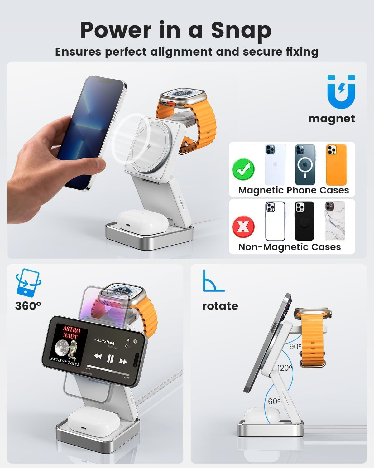 3-in-1 Wireless Charger for iPhone,15W Fast Wireless Charging Station Compatible with Mag-Safe Charger,Magnetic Foldable Travel Charger Stand Nightstand for iPhone 16/15/14/13/12,Apple Watch&AirPods