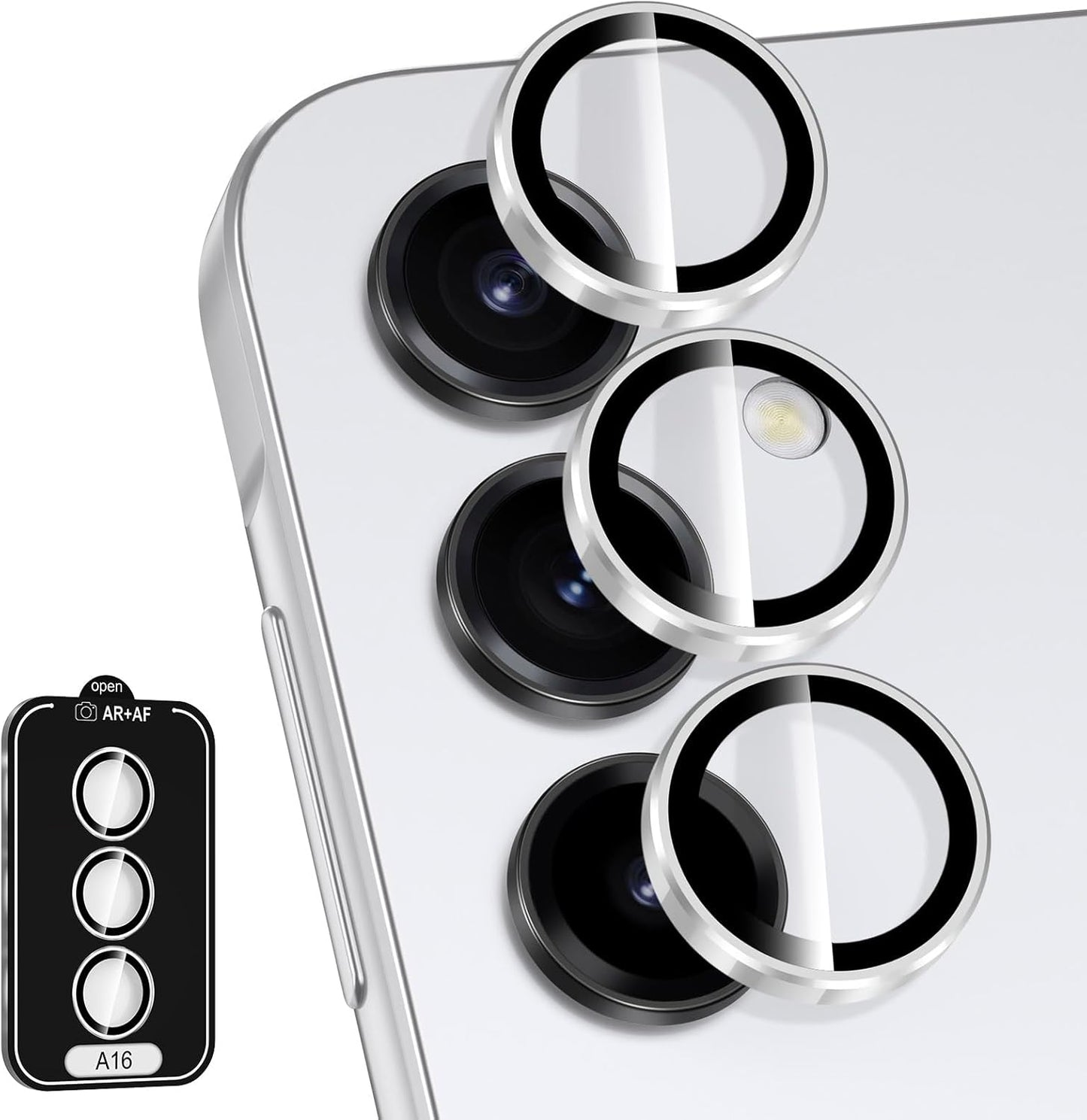 for Samsung Galaxy A16 Camera Lens Protector, Individual Metal Ring Tempered Glass Lens Cover, [Strong Adsorption] Scratch Resistant Ultra-Thin HD Clear Lens Cover, 1 Set-Slivery Ring