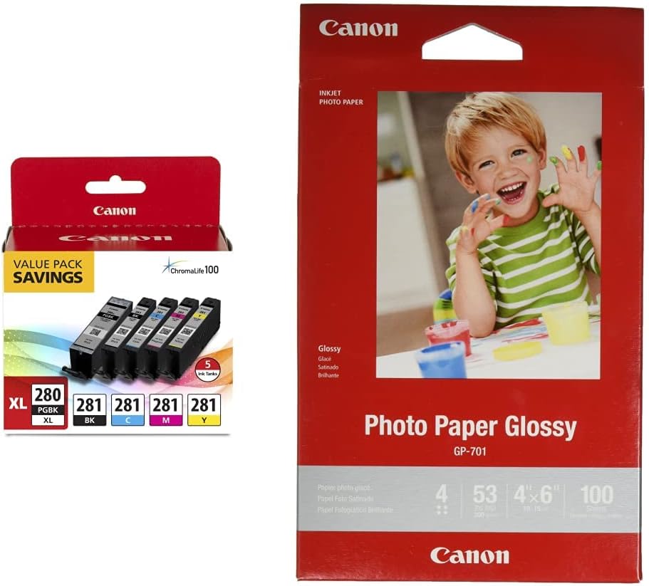 Canon PGI-280XL/CLI-281 5 Color Pack Compatible to TR8520, TR7520, TS9120 Series,TS8120 Series, TS6120 Series and CanonInk Glossy Photo Paper 4"x 6" 100 Sheets (1433C001)