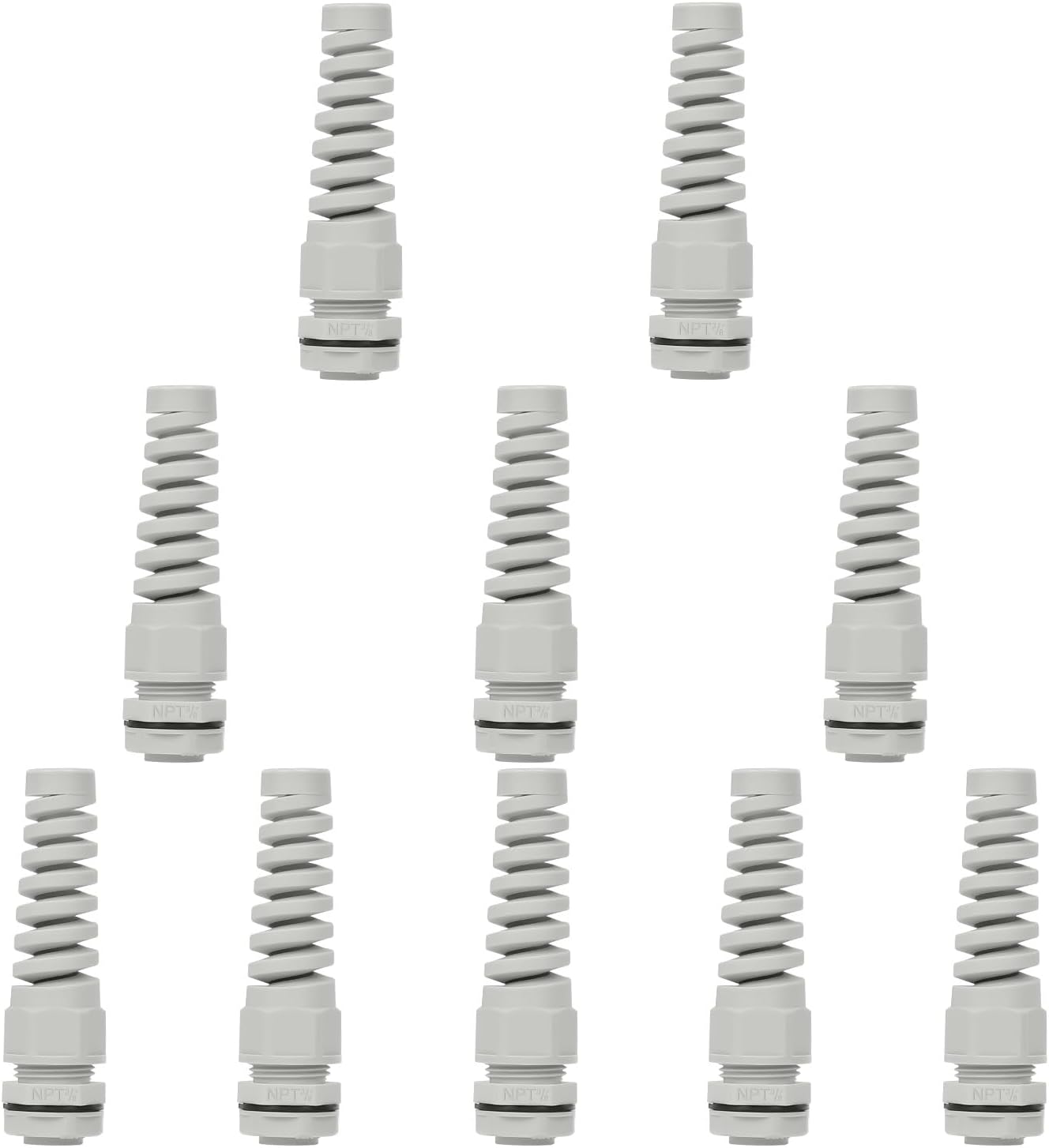 LeMotech 10Pcs NPT 3/8" IP68 Waterproof Cable Gland Flex Spiral Strain Relief Grey Nylon Joint with Gaskets for 5-10mm Wire Thread