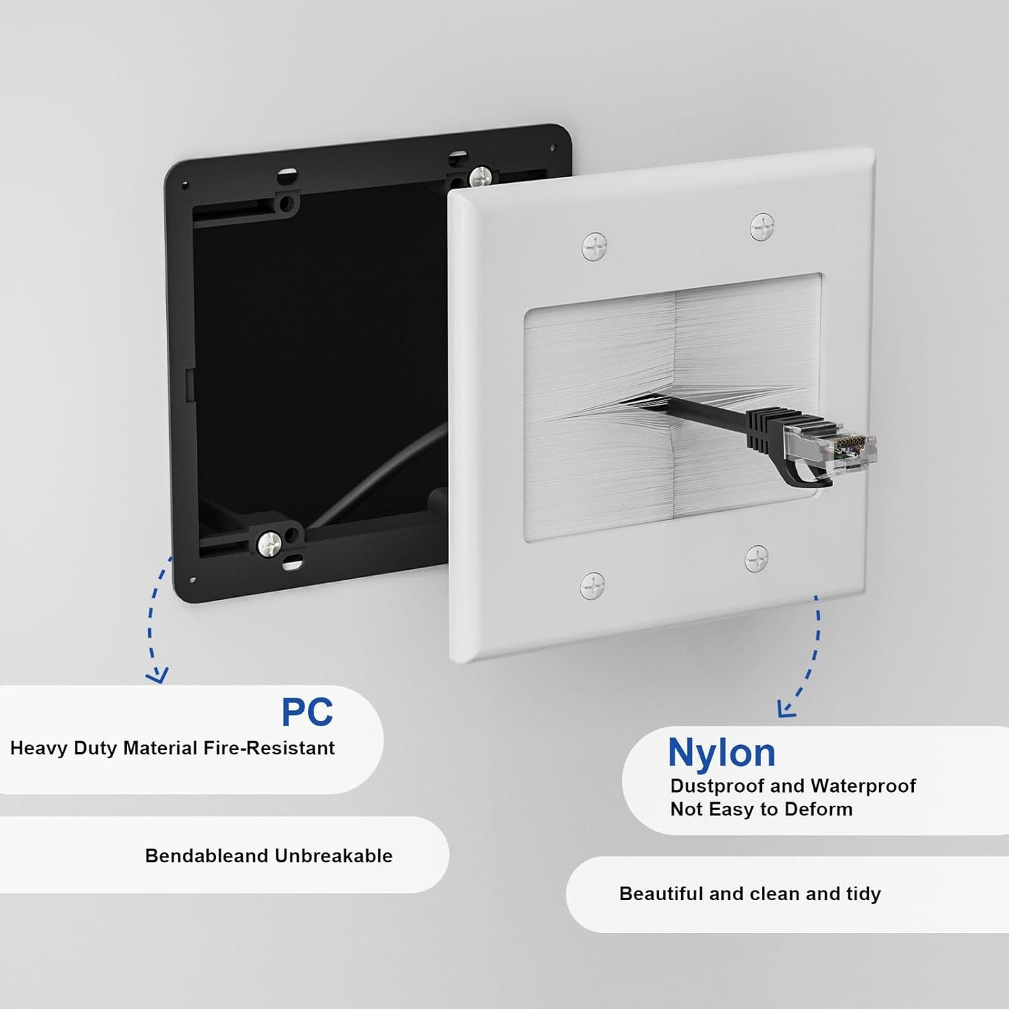 iwillink 2 Gang Brush Wall Plate with Mounting Bracket, Pass Through Wire Hider for Cable Management, Ethernet Cables, HDMI Cables and Home Theater Systems, 2 Pack