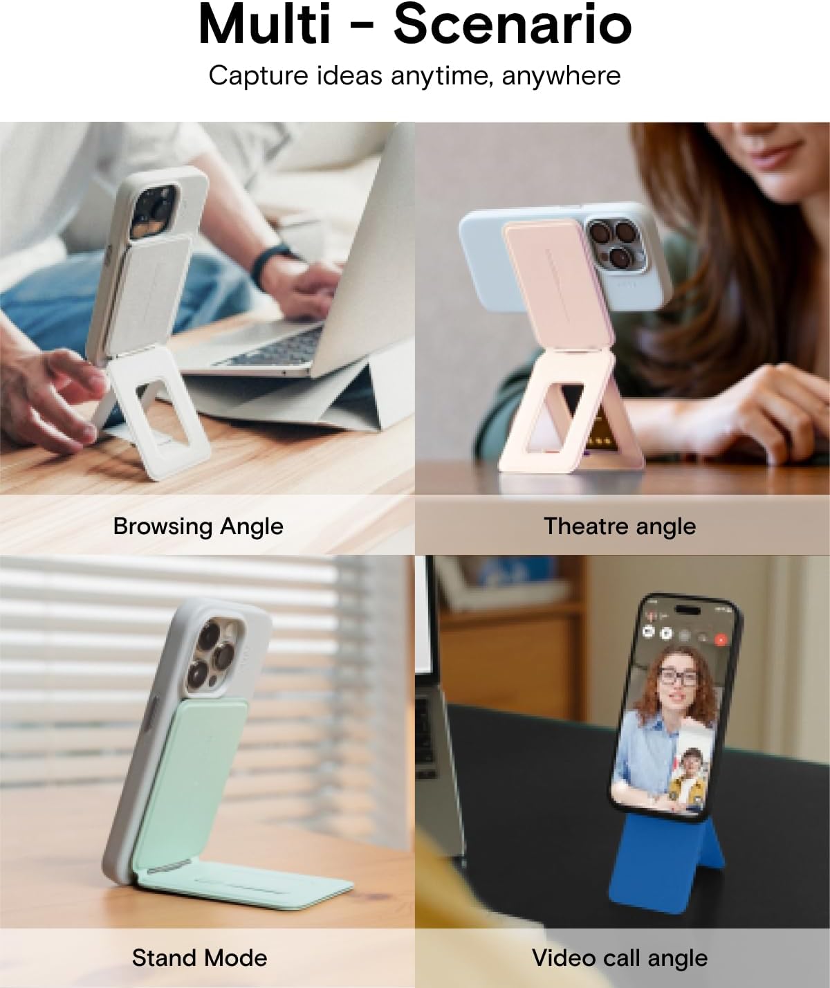 MOFT Phone Stand, Magnetic Phone Tripod Stand Stain-Resistant MOVAS Leather & Angle Adjustment & Strong Magnets Tripod for iPhone 16/15/14/13/12 (Included Metal Ring)-Misty Cove