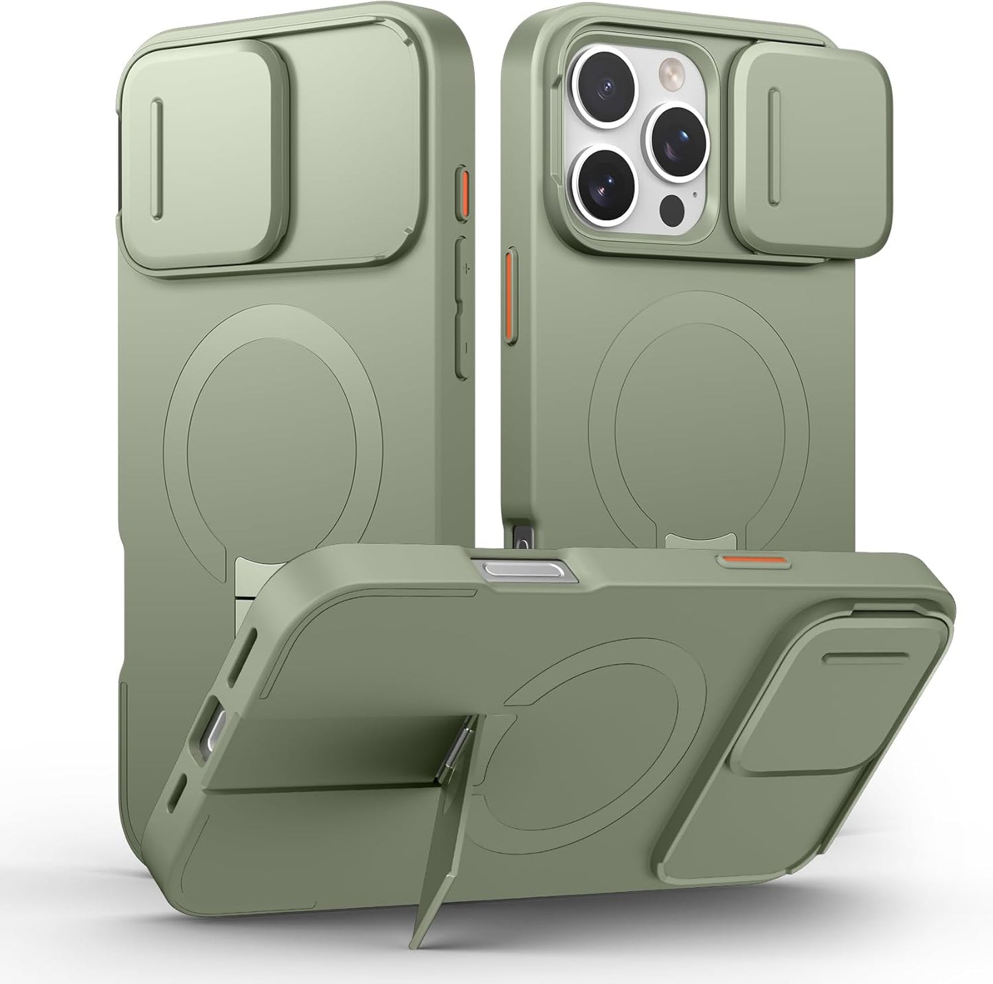 SURITCH for iPhone 16 Pro Max Case with Magnetic Camera Slide Cover and Adjustable Kickstand, Compatible with MagSafe, Shockproof Bumper Case Slim Protective Cover 6.9 Inch, Green