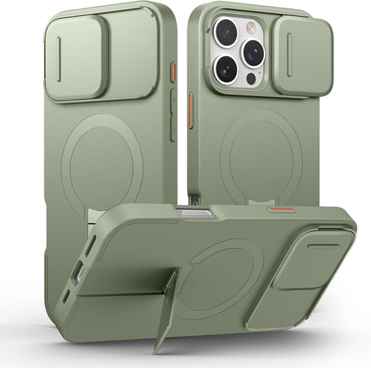 SURITCH for iPhone 16 Pro Max Case with Magnetic Camera Slide Cover and Adjustable Kickstand, Compatible with MagSafe, Shockproof Bumper Case Slim Protective Cover 6.9 Inch, Green