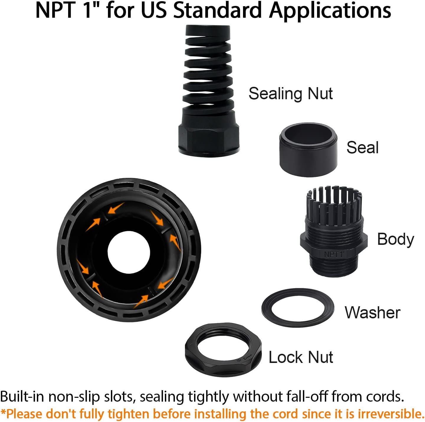 LeMotech 5Pcs NPT 1" IP68 Waterproof Cable Gland Flex Spiral Strain Relief Black Nylon Joint with Gaskets for 18-25mm Wire Thread