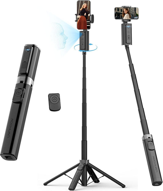 Auto Face TrackingTripod, w/Gesture Control for iPhone,Extendable Pole, 360° Rotating Selfie Stick,Wireless Remote,Video Recording 4-Leg Stable & Portable Tripod