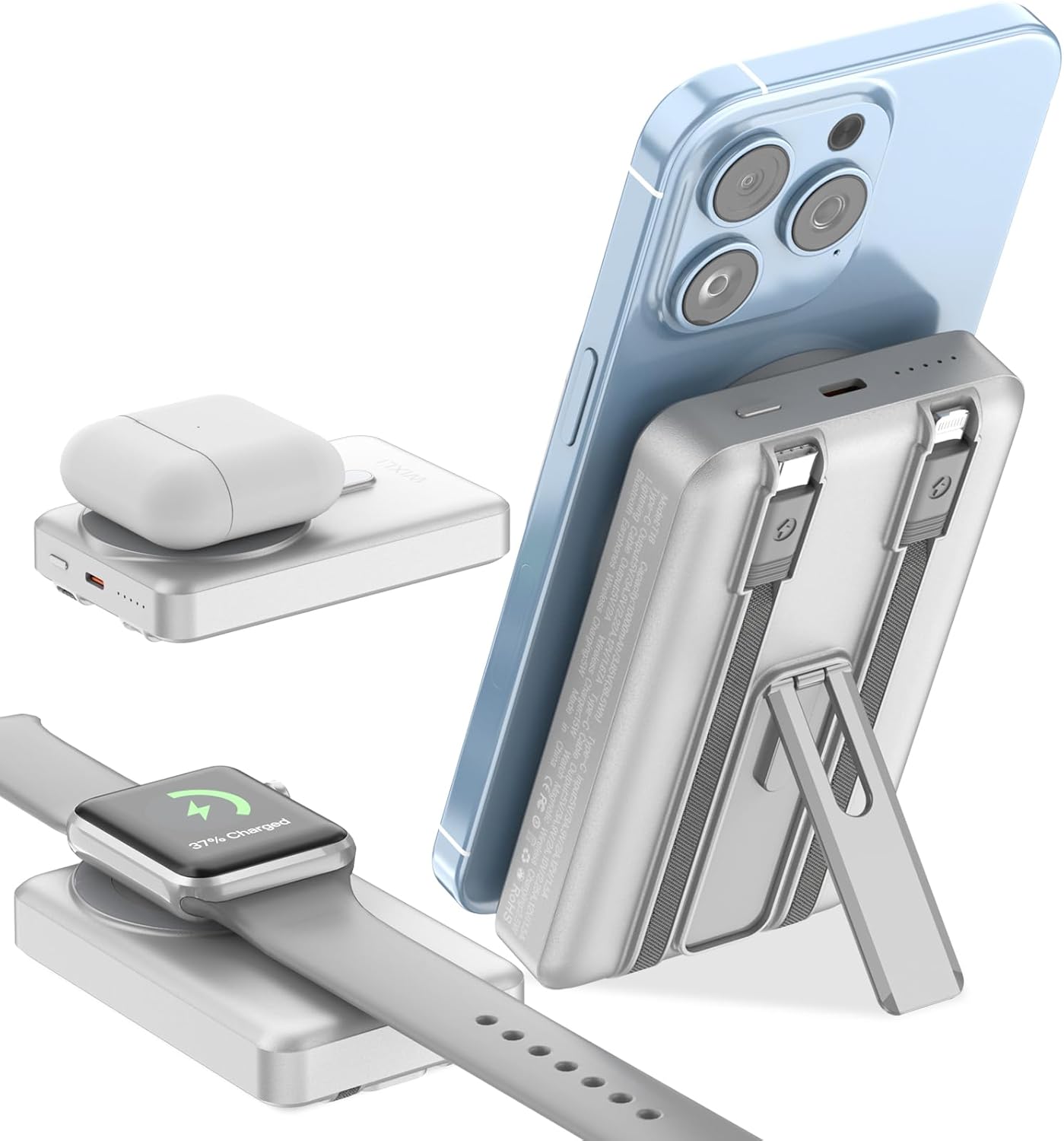 Wireless Portable Charger, 3-in-1 Magnetic Power Bank 10000mAh with USB-C/iOS Cable and Stand, 22.5W Fast Charging Battery Pack, Compatible with iPhone 16/15/14/13/12/Pro/Mini/Pro Max