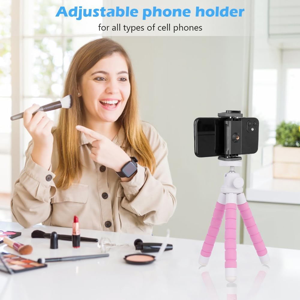 Ubeesize Portable Tripod Stand with Wireless Remote & Clip, Flexible Phone Holder for Video Recording (Pink)