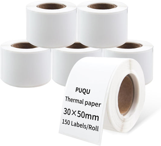 PUQU 30x50mm Direct Thermal Sticker Labels, Self-Adhesive All-Purpose Label Maker Tape, Compatible with AQ Series Label Printer, Refills Standard Laminated Office Labeling, 6 Rolls, 900 Labels