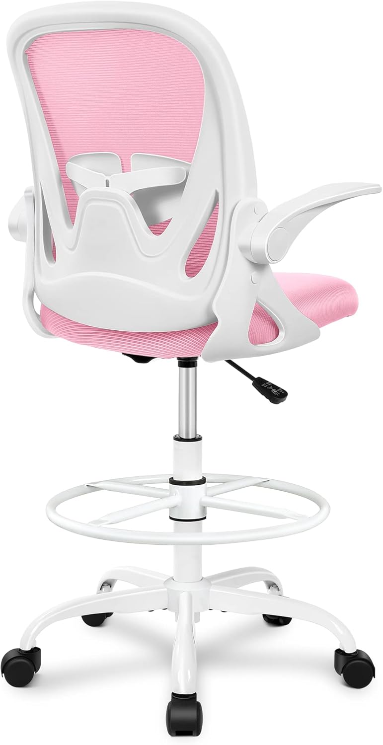 Primy Drafting Chair Tall Office Chair with Flip-up Armrests Executive Ergonomic Computer Standing Desk Chair with Lumbar Support and Adjustable Footrest Ring (Pink)