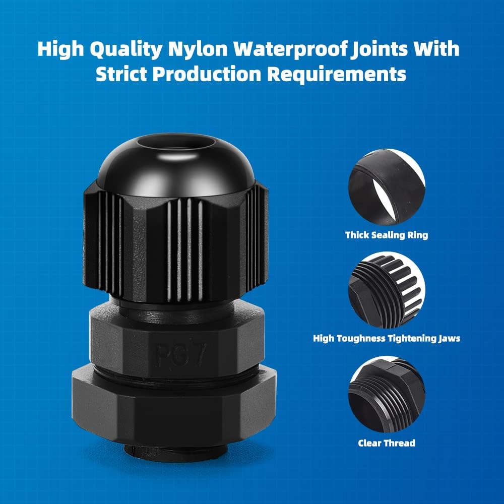 Cable Gland 20 Pack Plastic Waterproof Adjustable Connector 3-7mm PG7 Strain Relief Cord Connectors Joints Nylon with Gaskets
