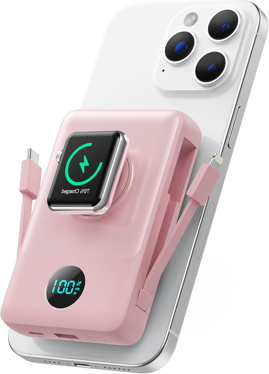 Magnetic Portable Charger for iPhone with Built-in Cables, 6-in-1 10800mAh Power Bank with iWatch Charger & LCD Display,25W Fast Charging Battery Pack for iPhone 16/15/14/13/12,Apple Watch (Pink)