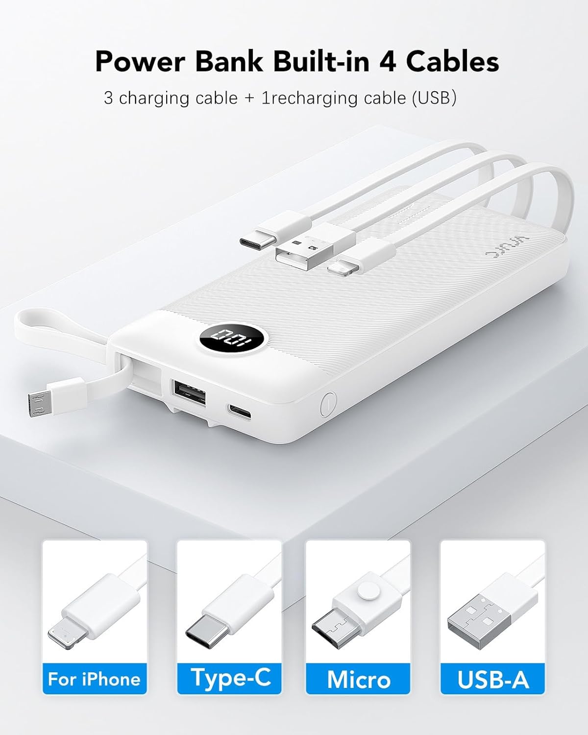 VRURC Portable Charger Power Bank, 10000mAh Travel Essentials Battery Pack, 5 Outputs 2 Inputs Slim Charing Bank Built-in Cables Cords Wires Compatible with iPhone,Samsung,Android-White(1 Pack)