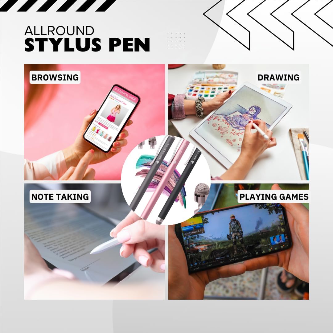 The Friendly Swede Mesh Tip Stylus Pen for Touchscreen — 3-Pack Micro-Knit Capacitive Stylus Pen for iPad & iPhone with 3 Replaceable Fiber Tips, Elastic Lanyards & Screen Cleaning Cloth