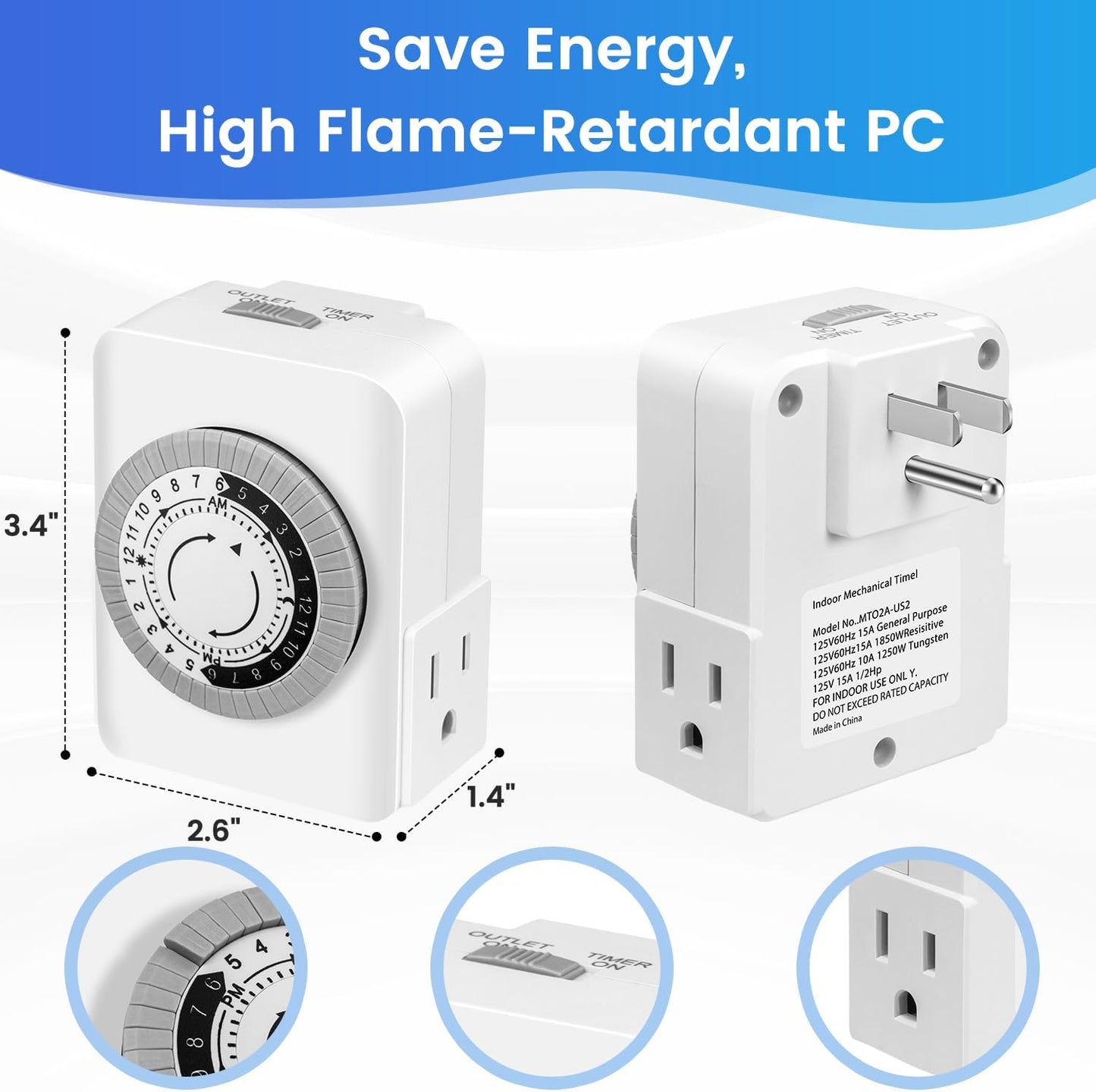 Outlet Timer,Timers for Electrical Outlets Indoor with 3-Prong Dual Outlet,24-Hour 30 Minute Daily On/Off Cycle, Plug-in Mechanical Timers for Christmas Lights, Lamps, Grow Light (2-Pack)