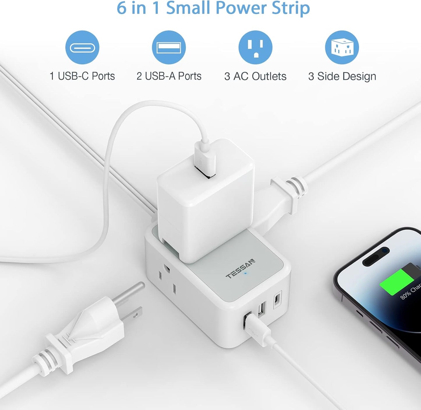 TESSAN Small Flat Plug Power Strip, Ultra Thin Extension Cord with 3 USB Wall Charger (1 USB C), 3 Outlets Mini Charging Station, 5 ft Slim Plug for Cruise Travel Office School Dorm Room Essentials