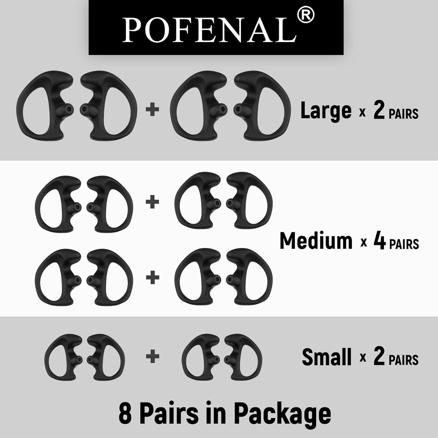 Silicone Replacement Earmold for Motorola/Baofeng/Retavis Radios - Police Walkie Talkie & Law Enforcement Soft Earpiece Inserts (8 Pair, Black - 2L/4M/2S)